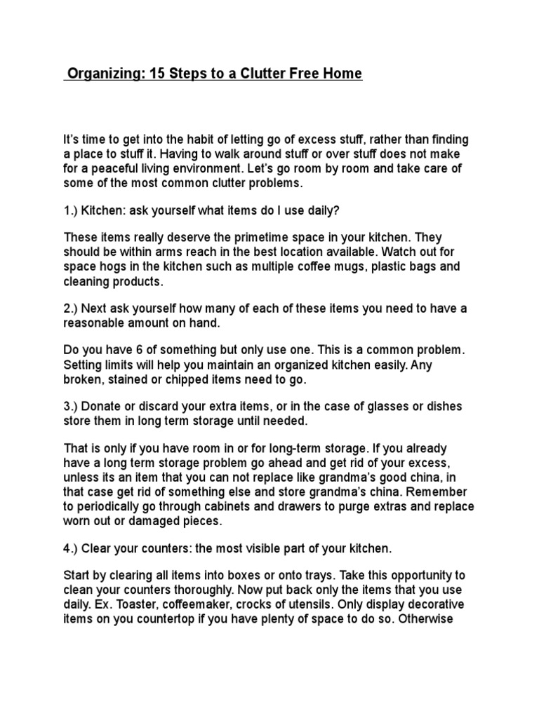 Organizing 15 Steps To A Clutter Free Home | PDF
