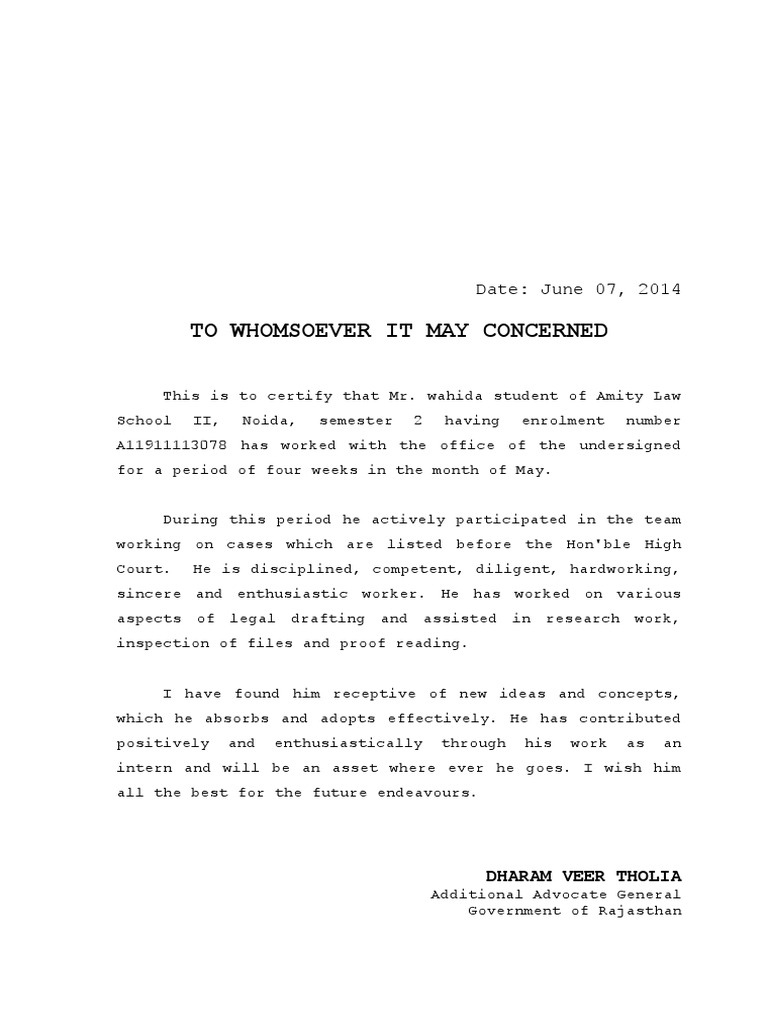 Internship Certificate for Law Student | PDF | Career & Growth | Social ...