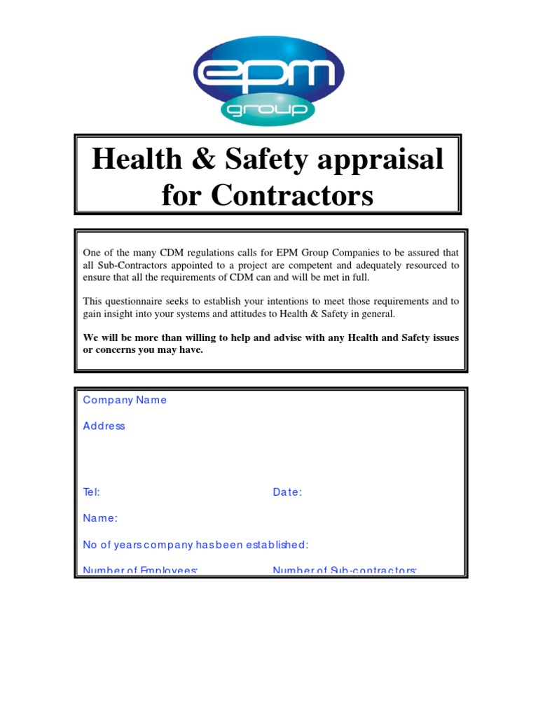Subcontractor H&S Questionnaire PDF Occupational Safety And Health
