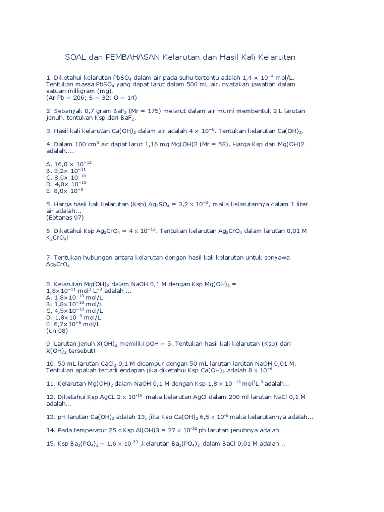 Soal Dan Pembahasan Kelarutan Dan Hasil Kali Kelarutan