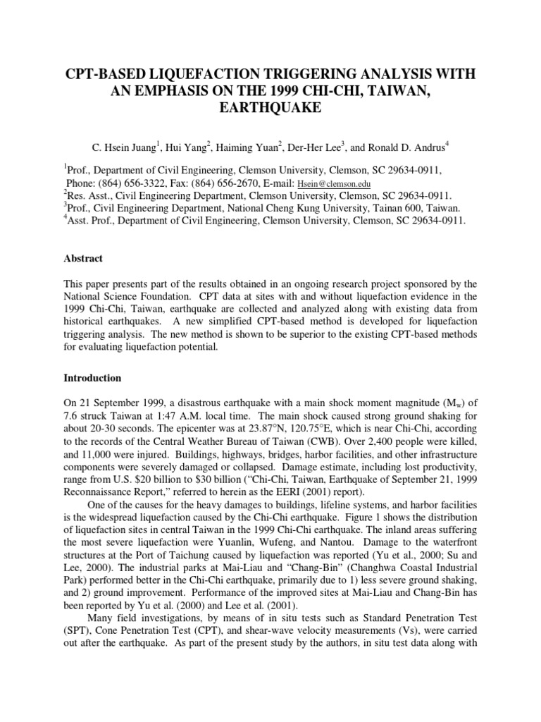 CPT Liquefaction Analysis: Chi-Chi Earthquake | PDF | Moment Magnitude ...