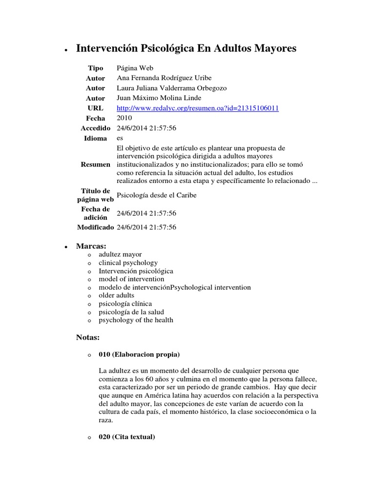 Propuesta de Intervención Psicológica en Adultos Mayores | PDF ...