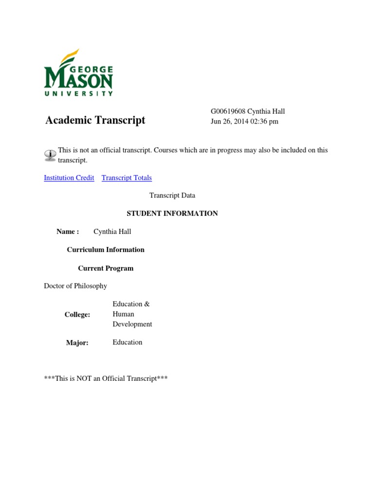 Unofficial Academic Transcript for Cynthia Hall | PDF | Grading ...