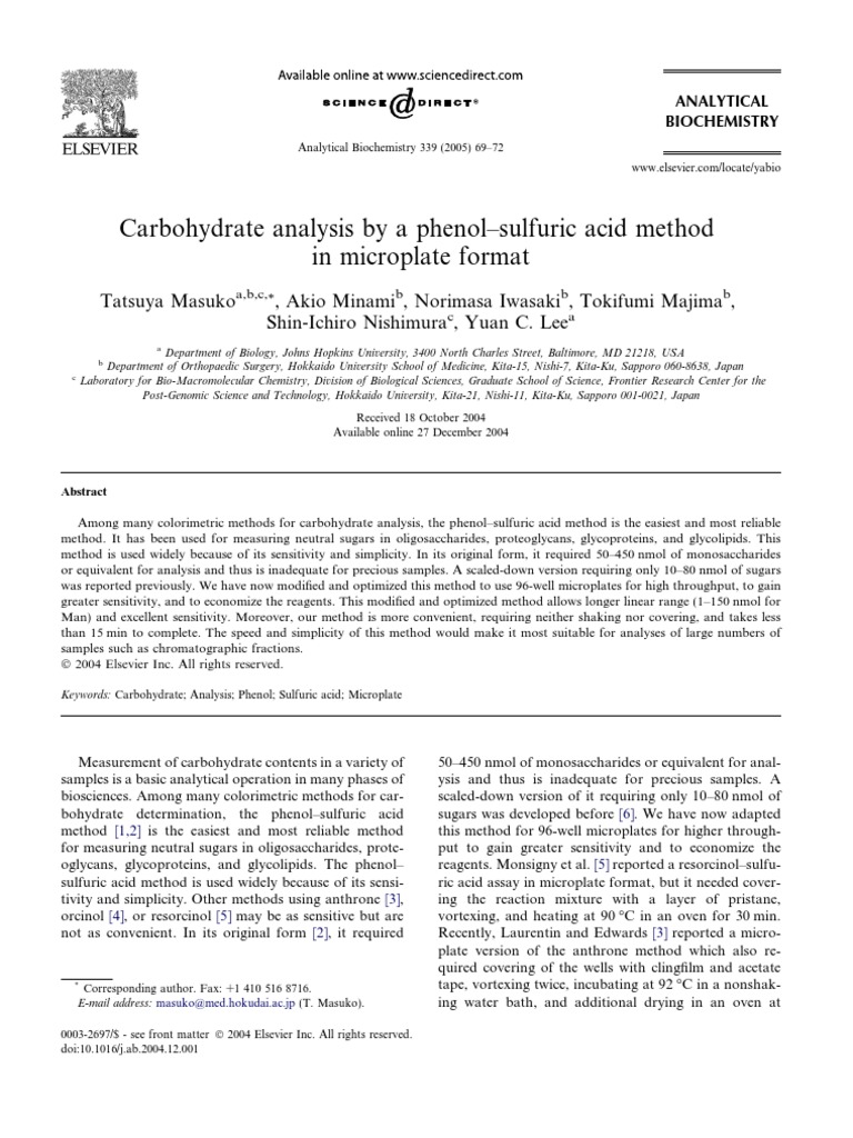 Carbohydrate Analysis by A PhenolSulfuric Acid Method 2005 PDF