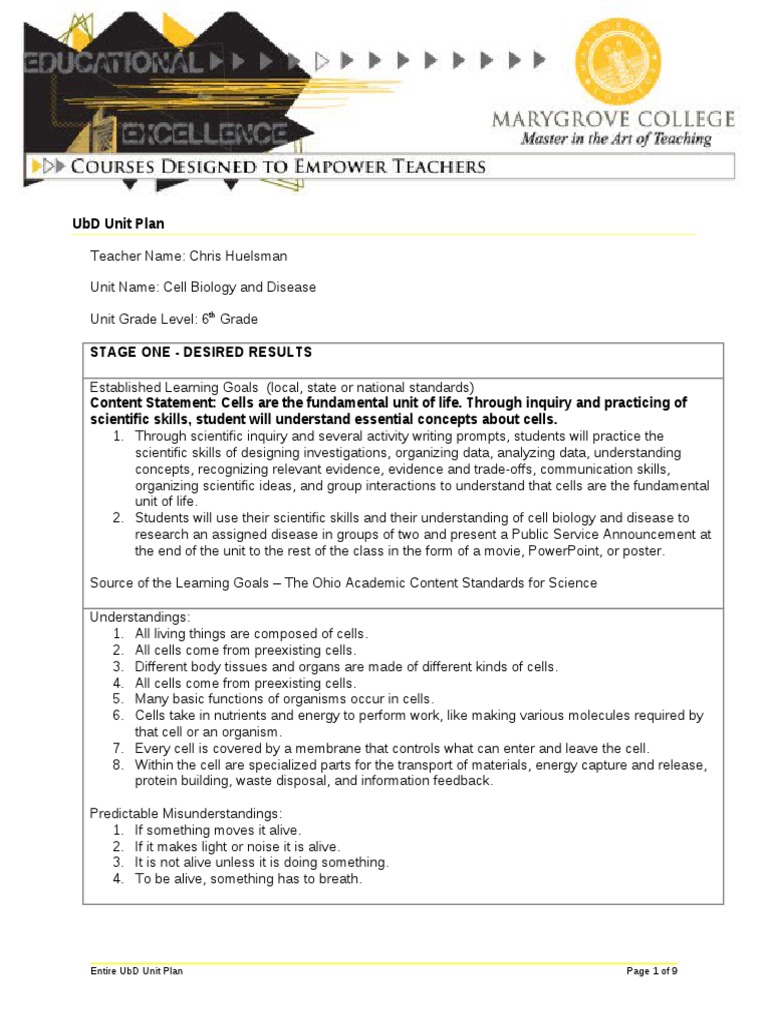 Cell Biology and Disease Ubd Lesson Plan | PDF | Cell (Biology ...