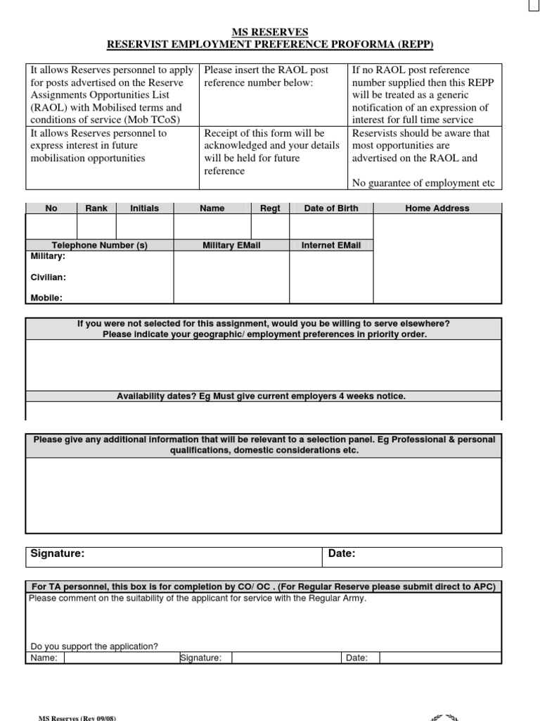 Reservist Employment Preference Form | PDF | Armed Conflict | Business
