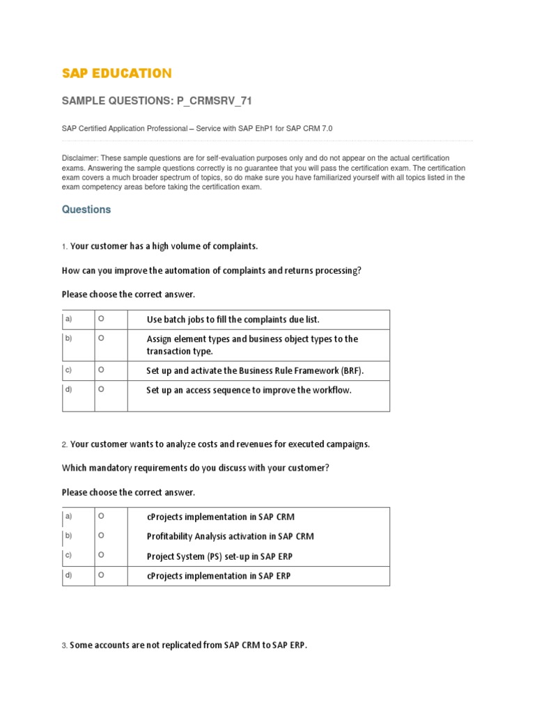 SAP CRM Sample Questions | PDF