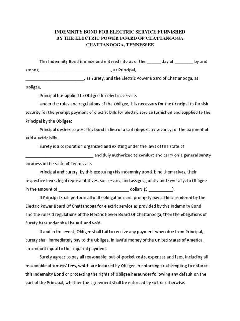 Electric Power Board of Chattanooga Utility Bond Form PDF Surety Bond Indemnity