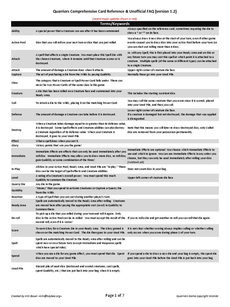 Quarriors Cards and FAQs PDF Dice Tabletop Games
