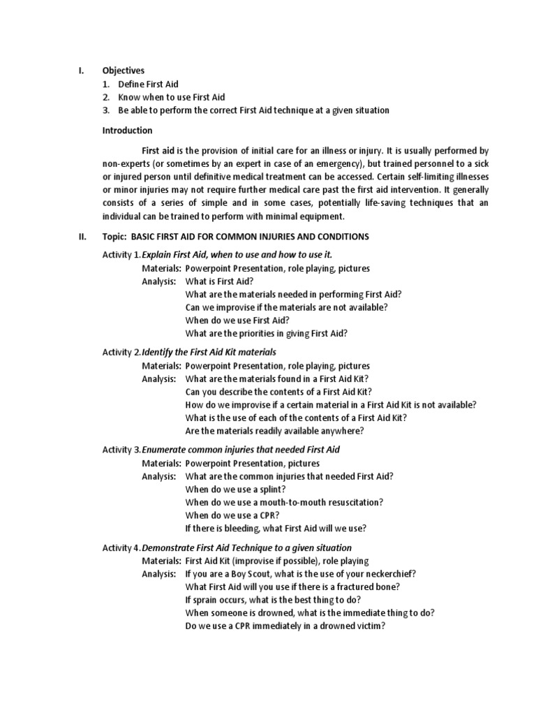Basic First Aid Lesson Plan for Kids | PDF | First Aid | Medical ...