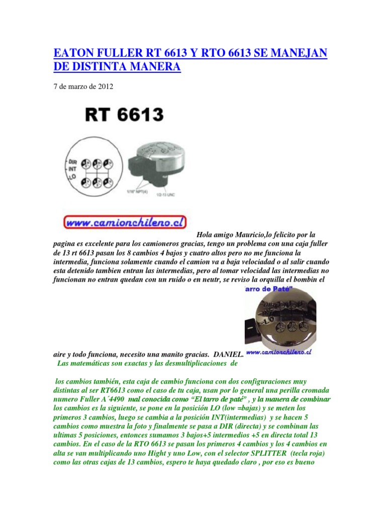 Eaton Fuller RT 6613 y Rto 6613 Se Manejan de Distinta Manera | PDF