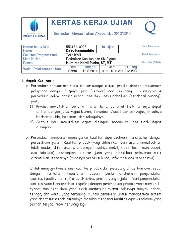 Soal Dan Jawaban Matkul Six Sigma Uts 2014