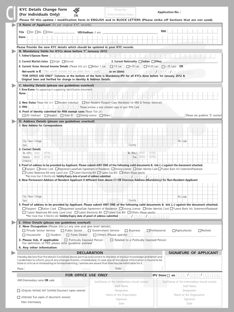 KYC Details Change Form for Individuals | PDF | Identity Document ...