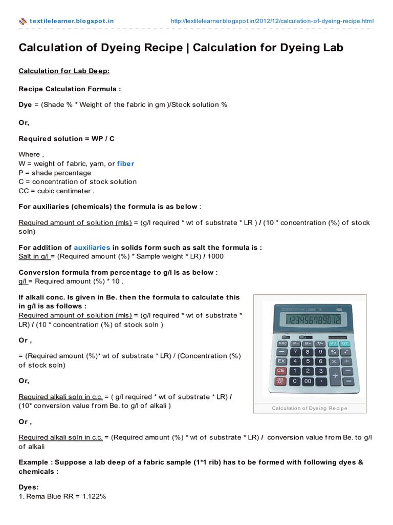 Calculation Of Dyeing Recipe Calculation For Dyeing Lab Pdf Sodium