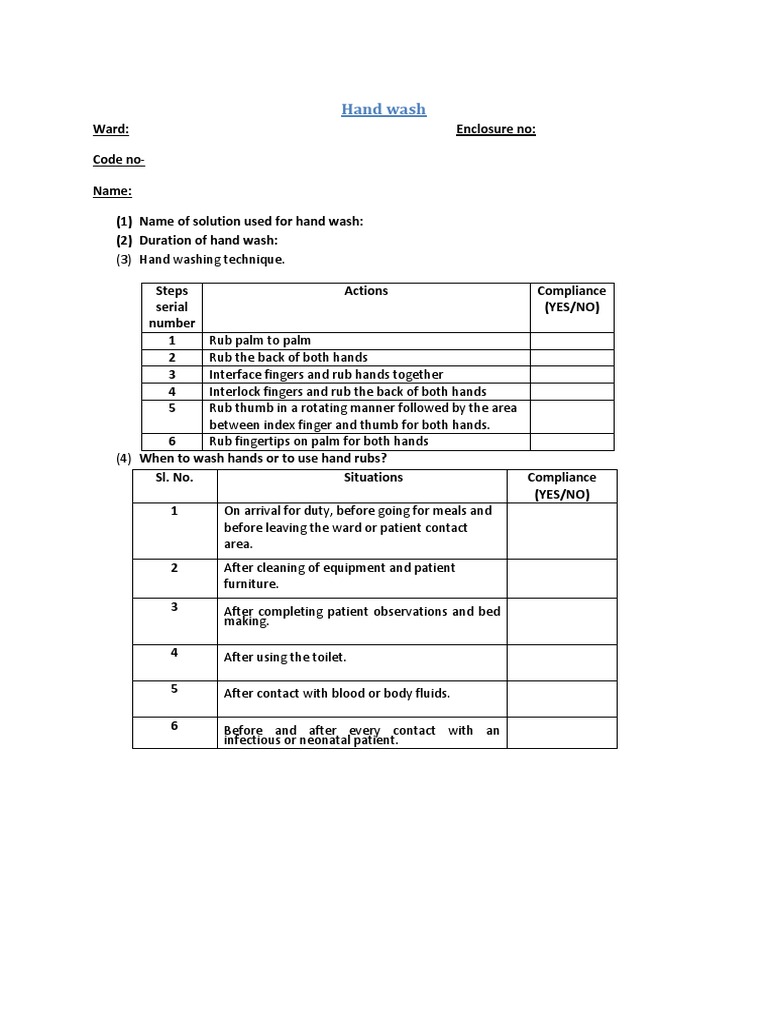 Hand Washing Checklist Health Care Public Health