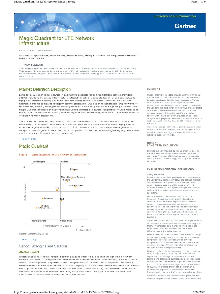 2012 Gartner Magic Quadrant For LTE Network Infrastructure PDF Lte