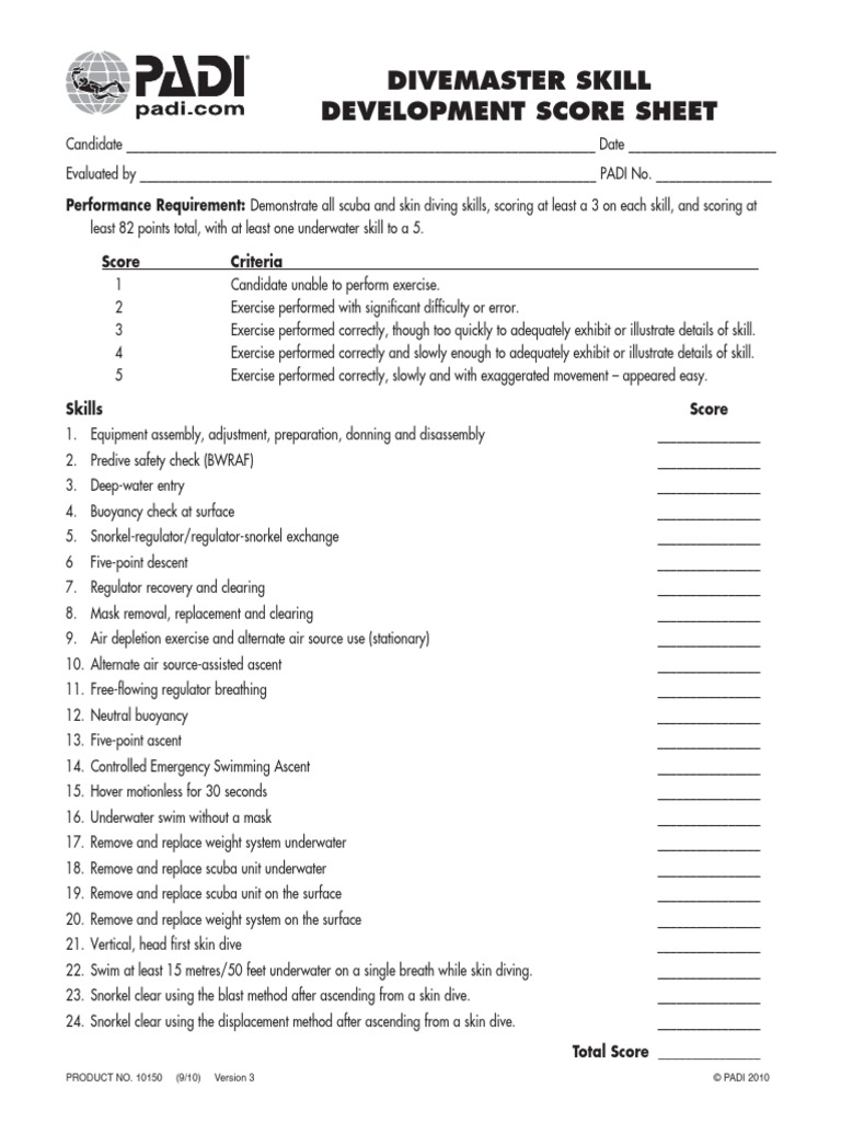 Skill Development Score Sheet Scuba Diving Snorkeling