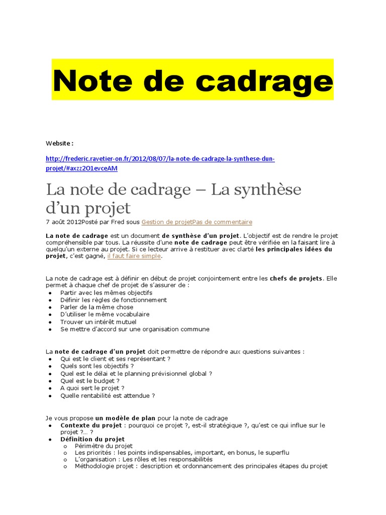 Note de Cadrage  PDF  Chef de projet  Gros plan (cadrage)