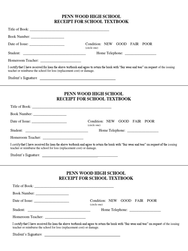 Penn Wood High School Receipt For School Textbook: (Circle One) | PDF