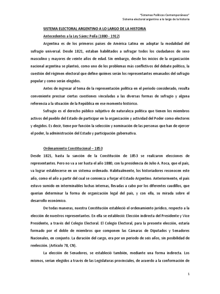 Sistema Electoral Argentino A Lo Largo De La Historia Pdf
