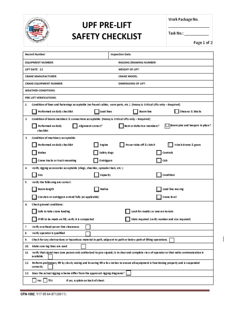 UFP PreLift Safety Checklist CFN1092 Crane (Machine) Elevator