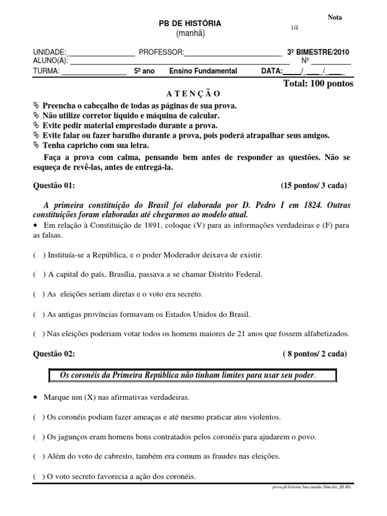 Prova de História - 5º Ano - 3º Bimestre | PDF | Brasil | Revoluções