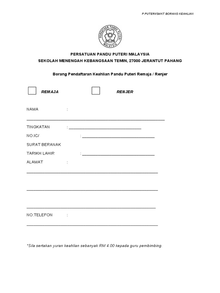 Borang Keahlian Persatuan Pandu Puteri Malaysia Pdf