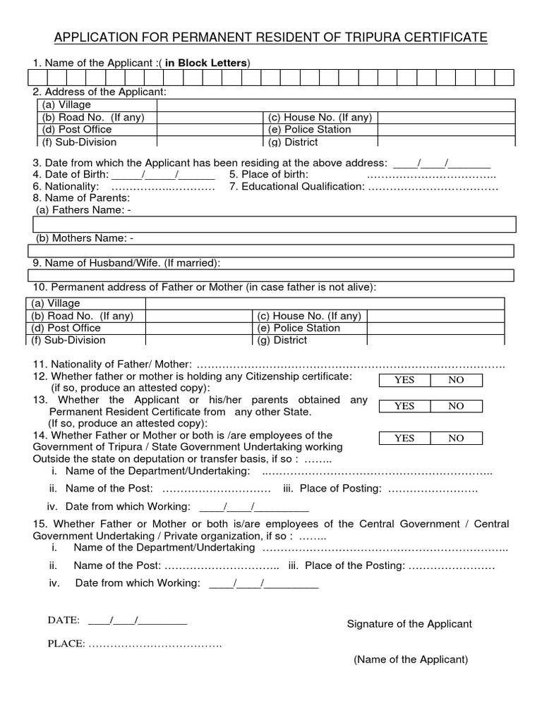 Application for Permanent Resident of Tripura Certificate | Birth ...