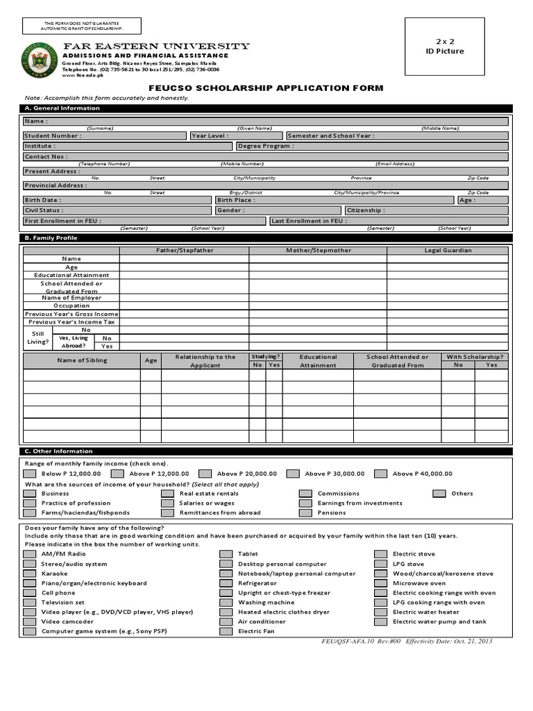 FEU Scholarship Application Form | PDF | Oven | Kitchen Stove