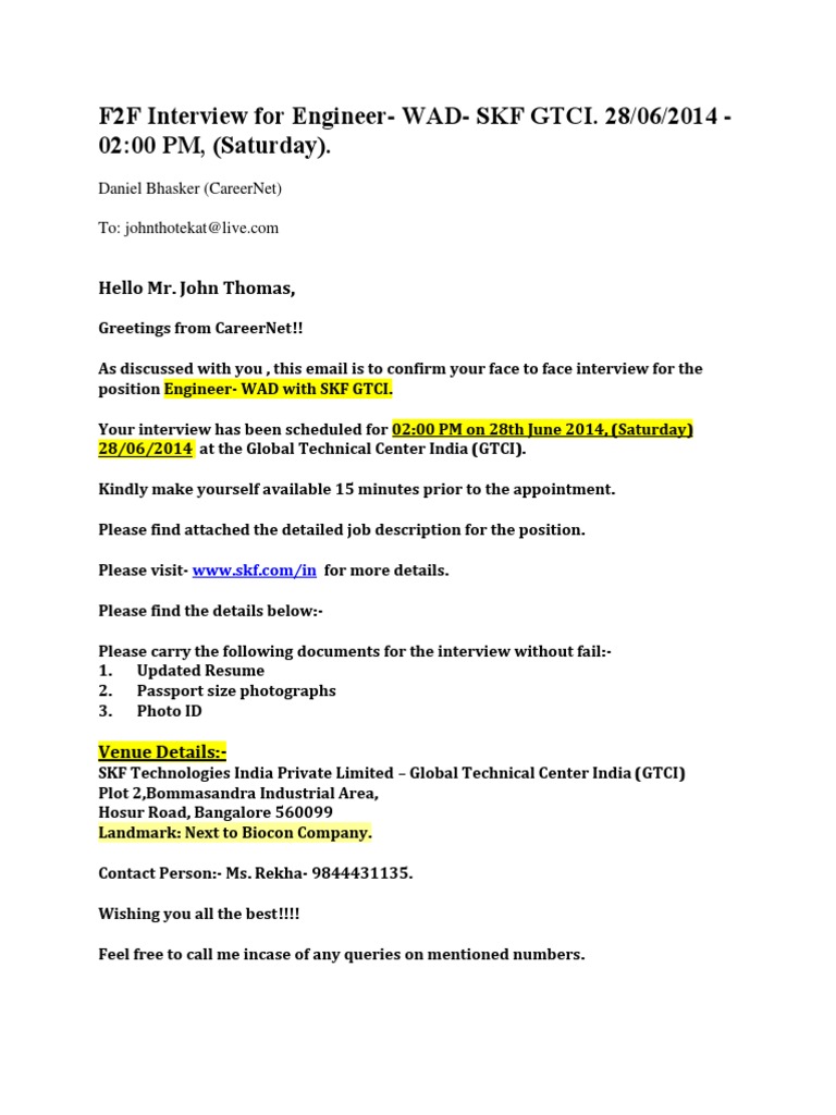 Interview Confirmation for Engineer | PDF