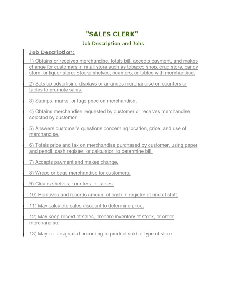 Sales Clerk Job Description PDF