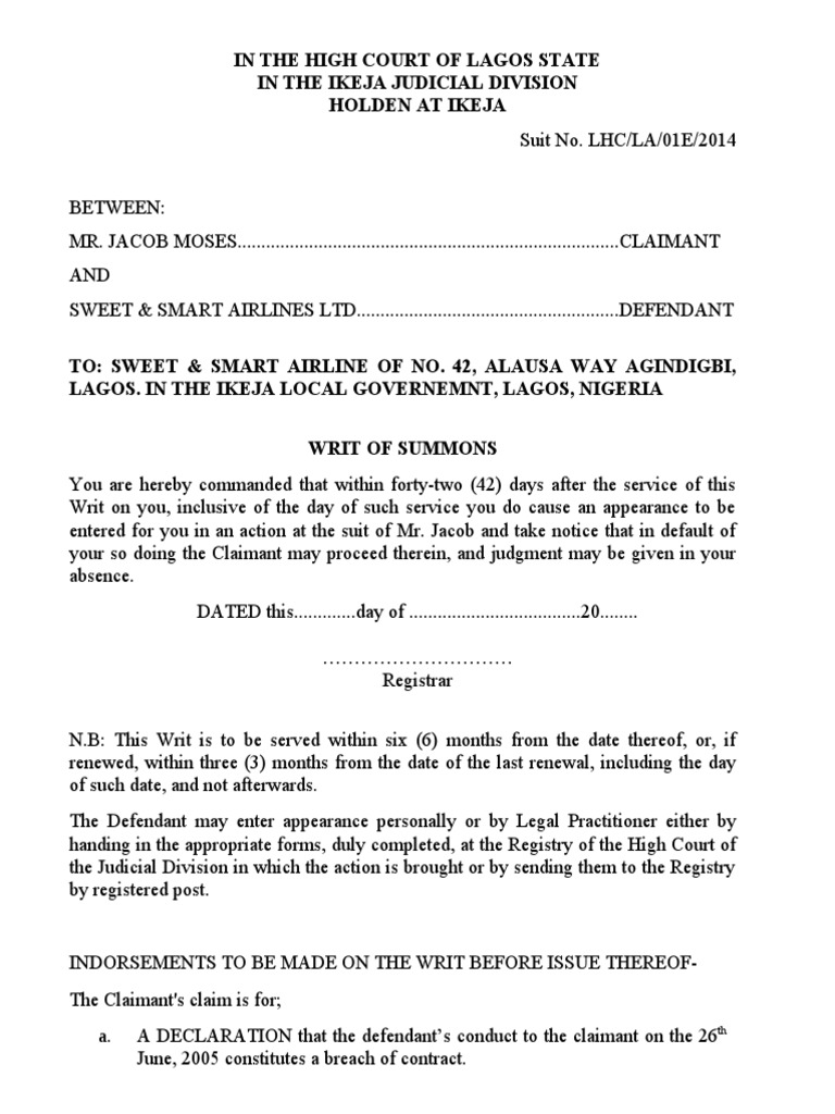 Writ Of Summons Damages Negligence