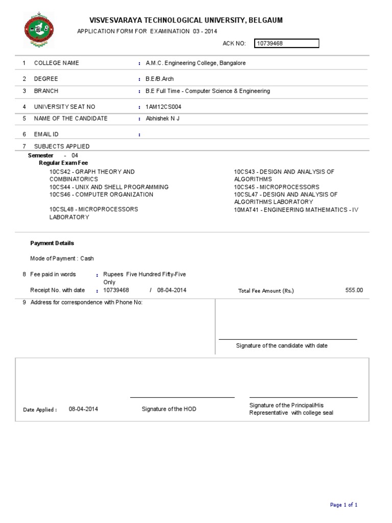 VTU Exam Application Form 2014 | PDF