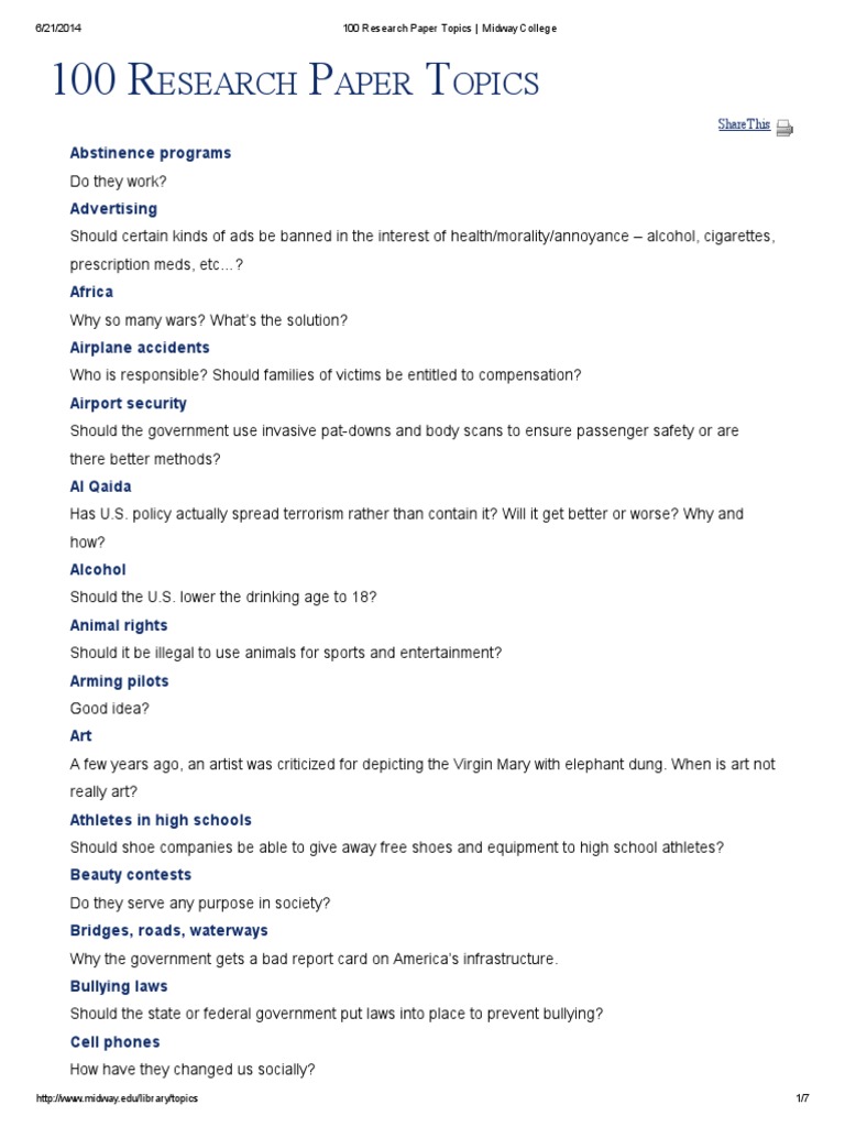 Midway college 100 research paper topics image