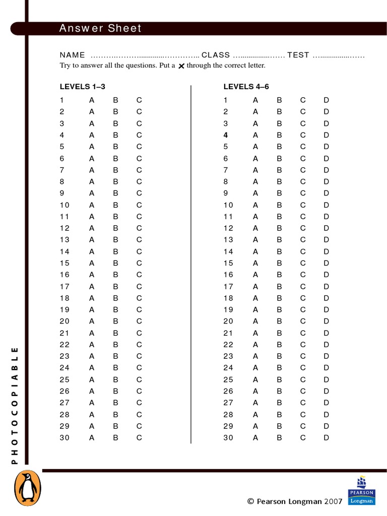 Answer Sheet: Levels 1-3 Levels 4-6 | PDF