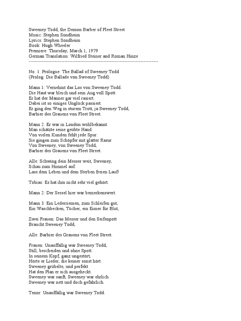 Sweeney Todd Libretto German Em does sweeny todd,, the a5 demon g5 barber of f5 fleet street. sweeney todd libretto german