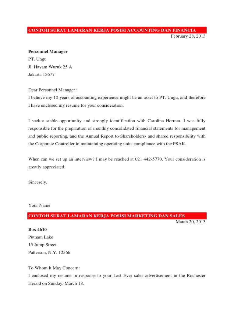 Contoh Surat Lamaran Kerja Posisi Accounting Dan Financia