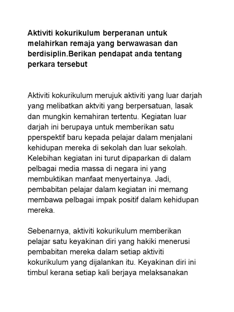 Aktiviti Kokurikulum Berperanan Untuk Melahirkan Remaja Yang Berwawasan Dan Berdisiplin Pdf