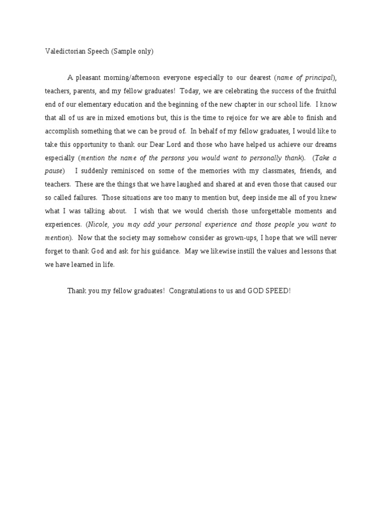 Valedictorian Speech For Graduating Elementary Student Pdf Schools