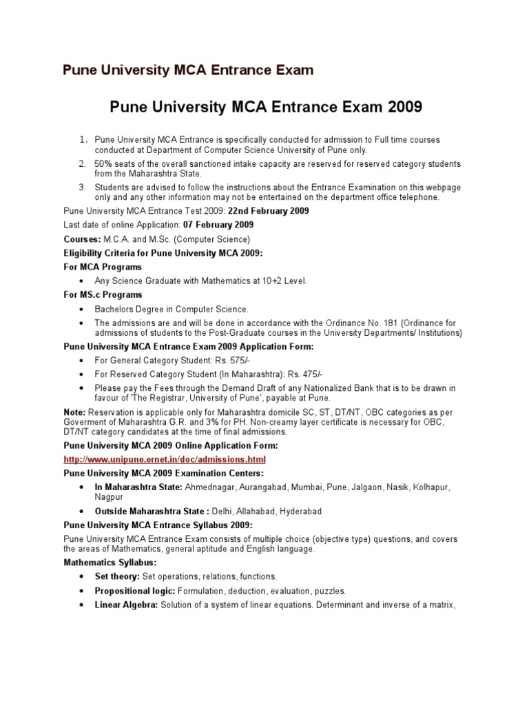 Pune University Mca Entrance Exam Download Free Pdf Equations