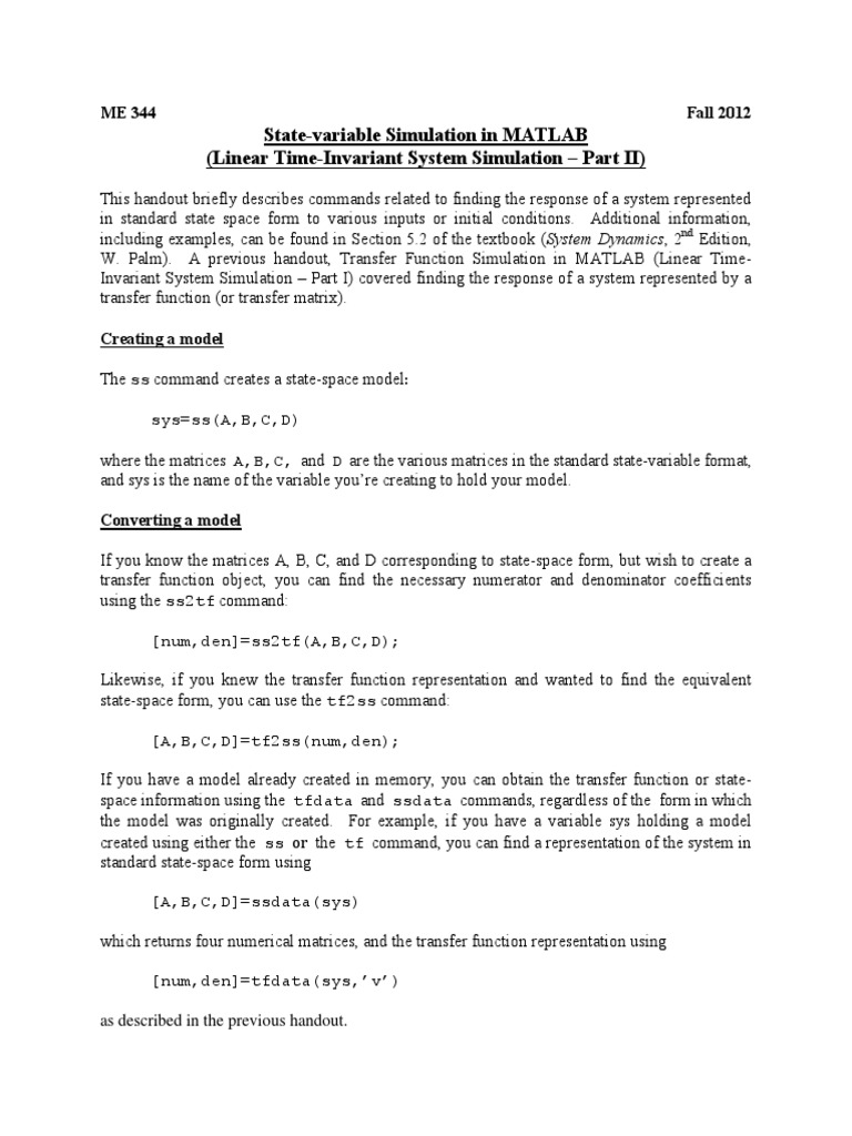 MATLAB State-Space Simulation Guide | PDF | Matrix (Mathematics ...