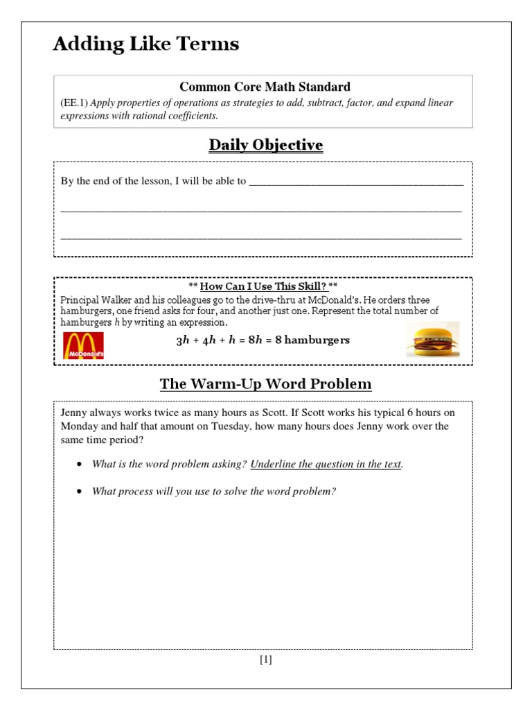 Adding Like Terms Guided Notes | PDF | Teaching Mathematics | Cognition