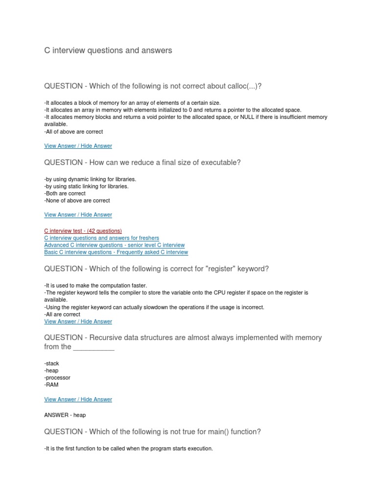 C Interview Questions and Answers | PDF | C (Programming Language ...