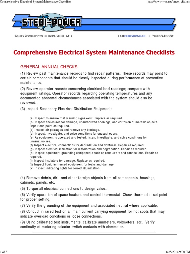 Comprehensive Electrical System Maintenance Checklists Switch Insulator (Electricity)