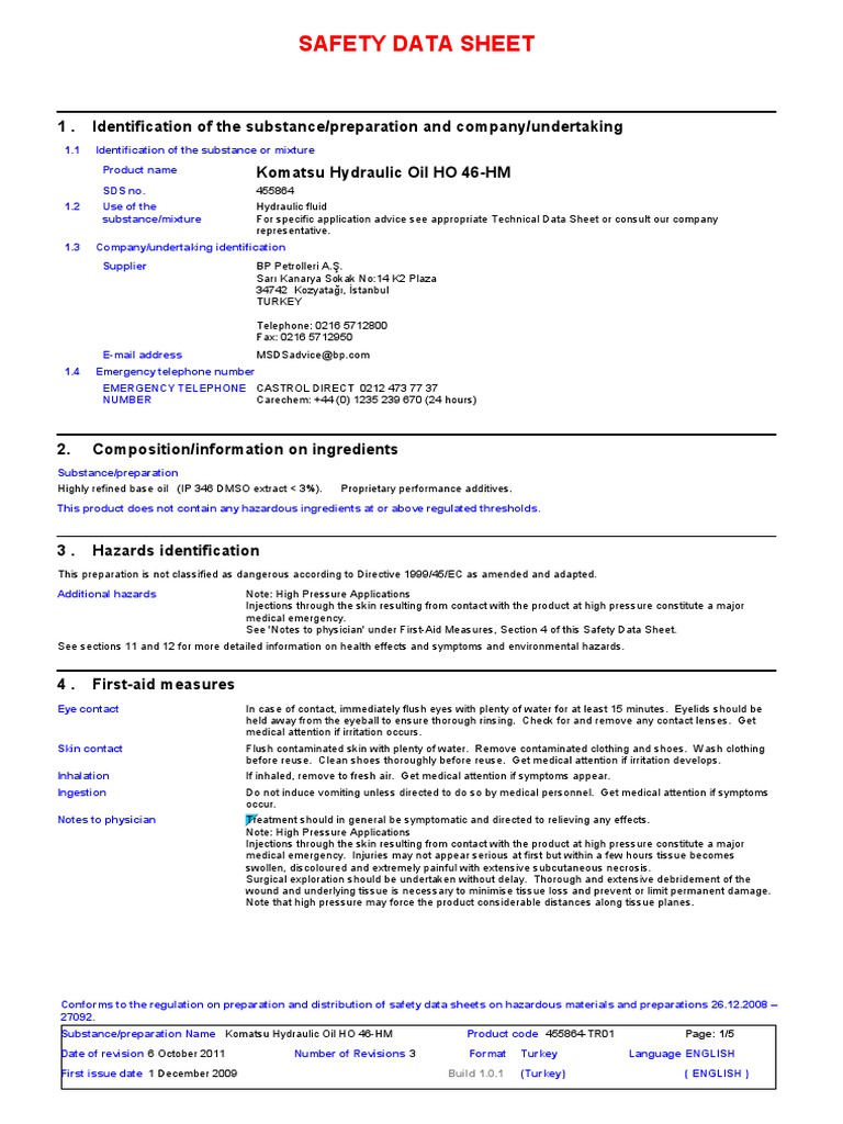 057608komatsu Hydraulic Oil HO 46HM PDF Personal Protective Equipment Occupational Safety