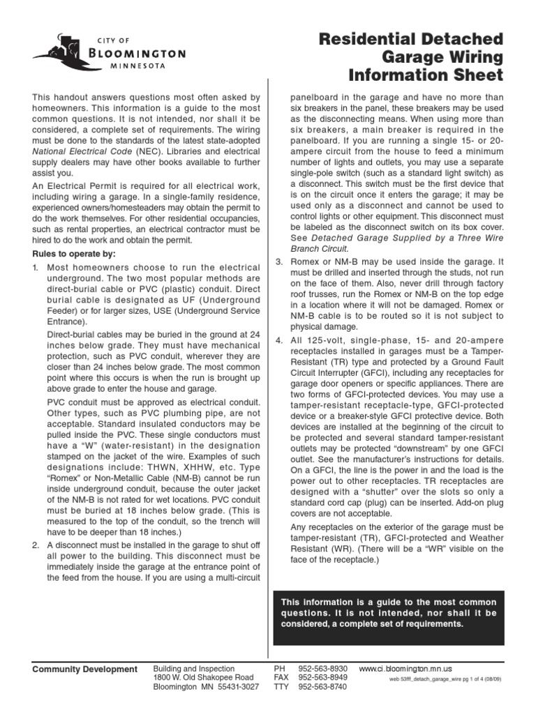 Residential Detached Garage Wiring Info Sheet | PDF | Electrical Wiring