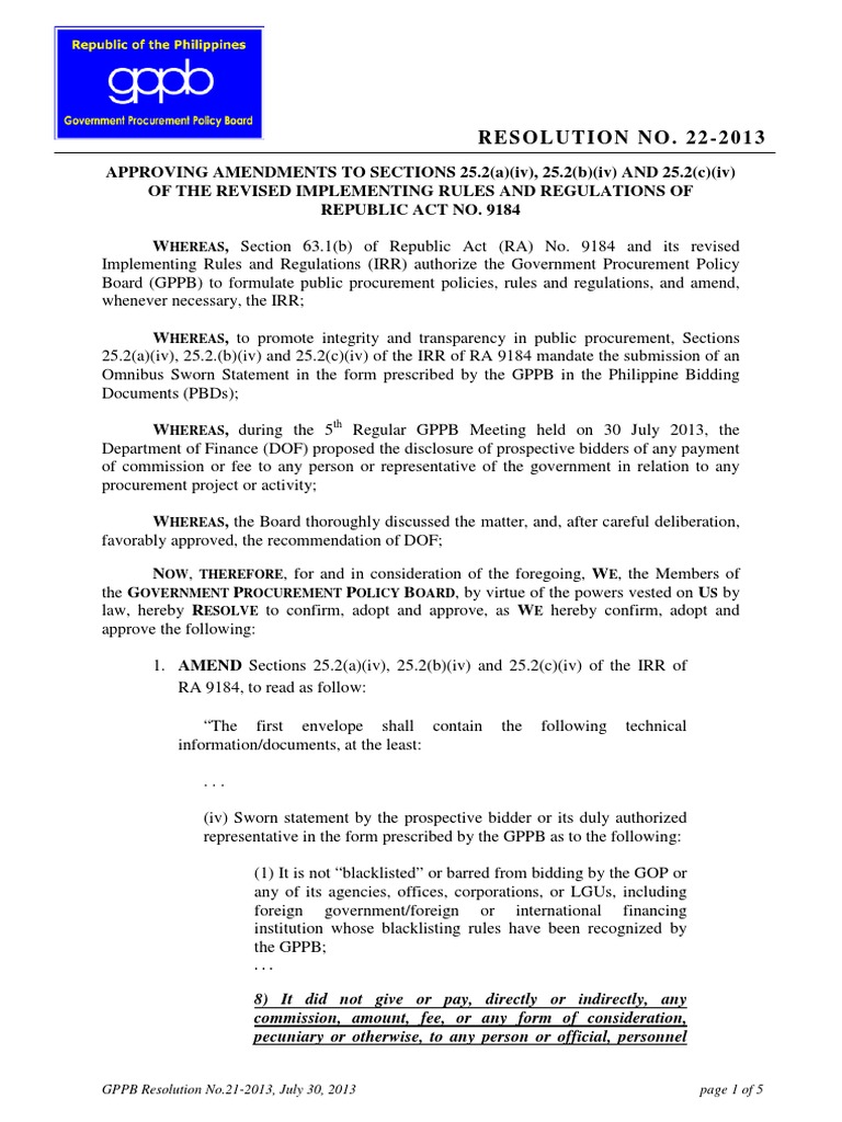 GPPB Resolution No. 222013 PDF Sole Proprietorship Joint Venture