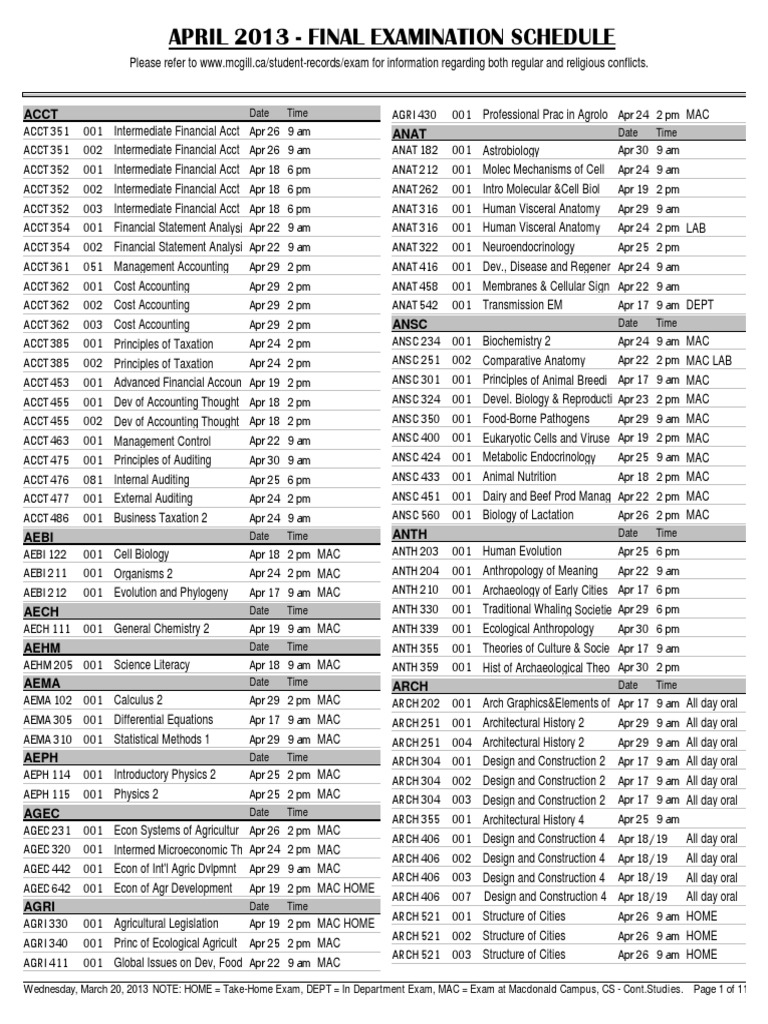 McGill Final Exam Schedule April 2013 Physics Mathematics Mathematics