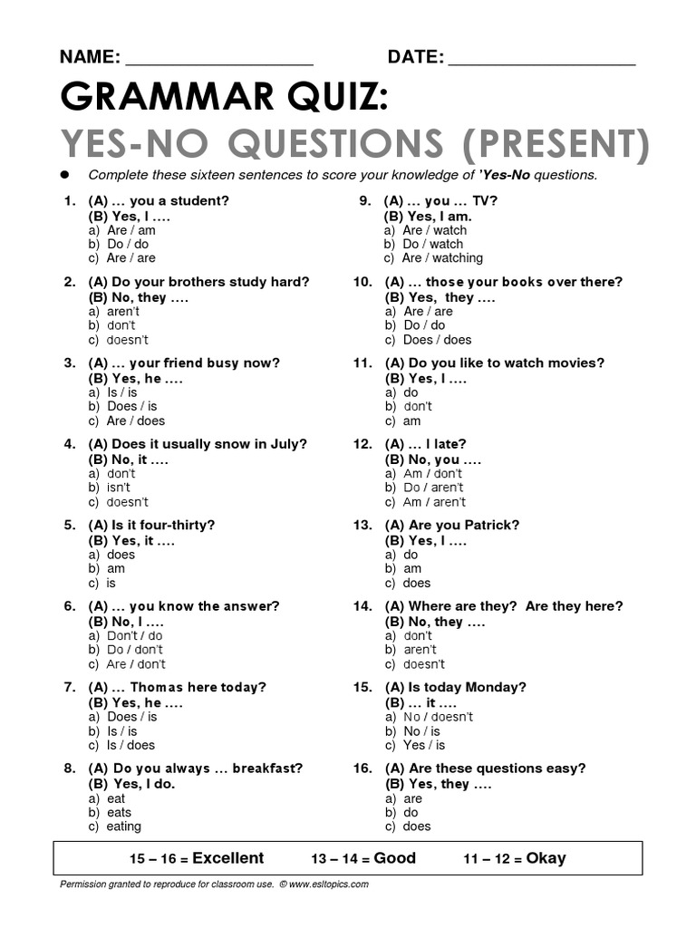 Esl Topics Quiz Yes No Qs
