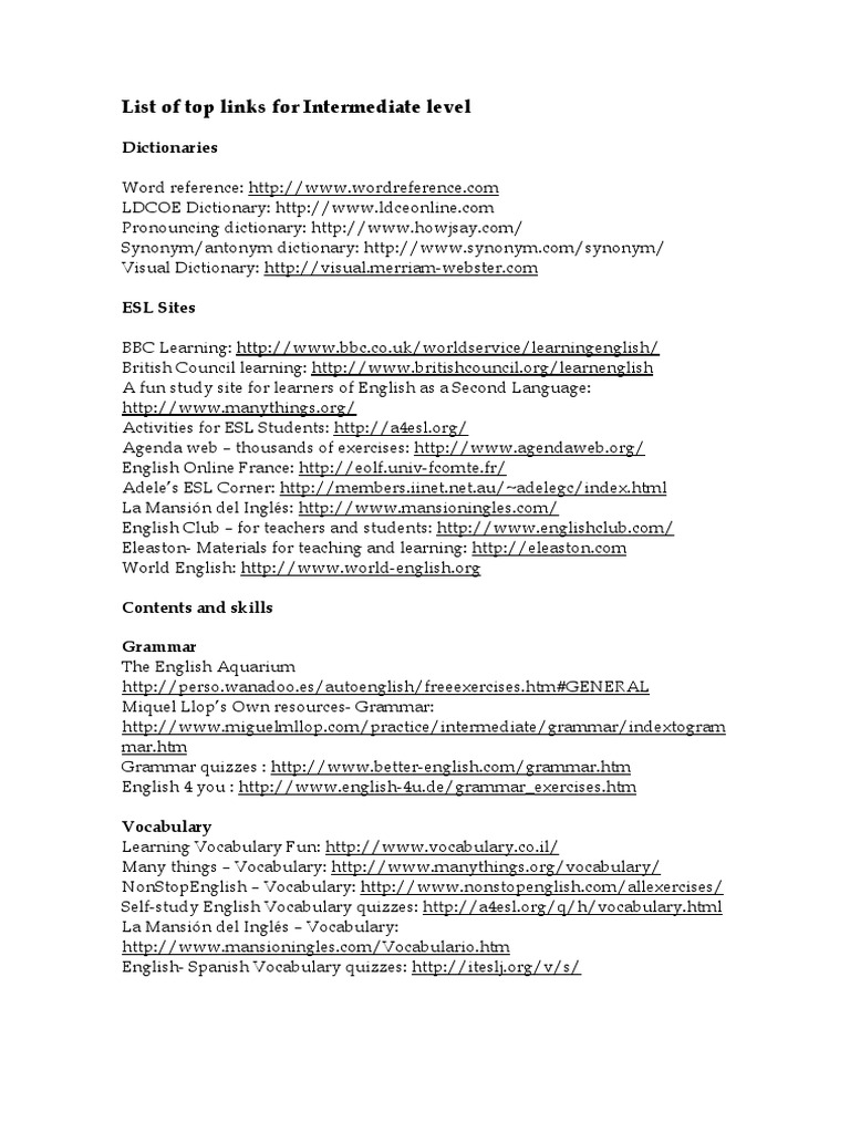Top Links for Intermediate ESL Learners | PDF | English As A Second Or ...